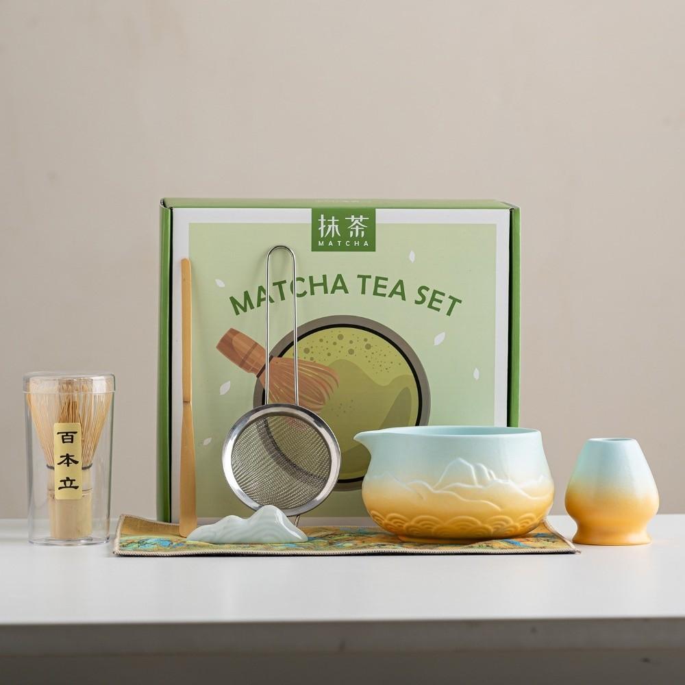 Ceramic Matcha Bowl Gradient Color with Pouring Spout Matcha Making Kit Reusable Mountain and Sea Japanese Tea Set Tea Lovers