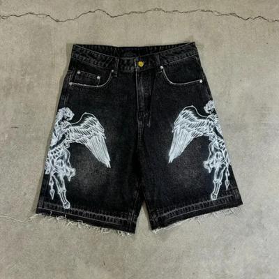 Amerykańskie Vintage Street Print Luźne Spodnie Bermudy Jeansowe Wypłukiwane Lato