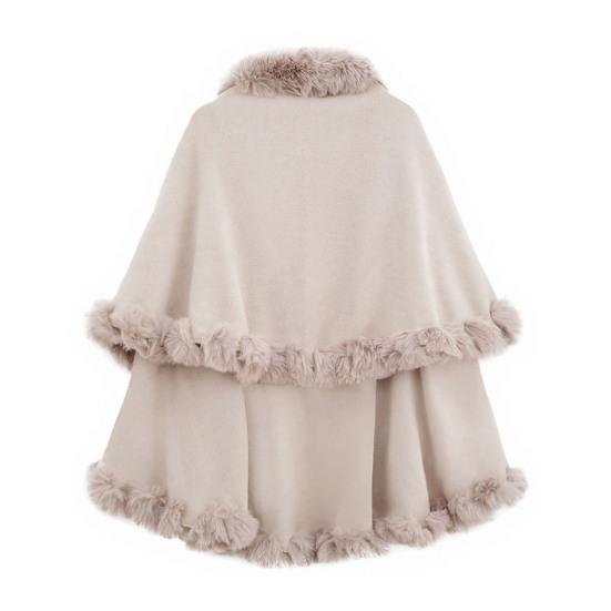 Women Cape Shawl with Fur Collar Soft Warm Wrap Double Layer Knit Cardigan Acrylic Warm Poncho for Fall Winter