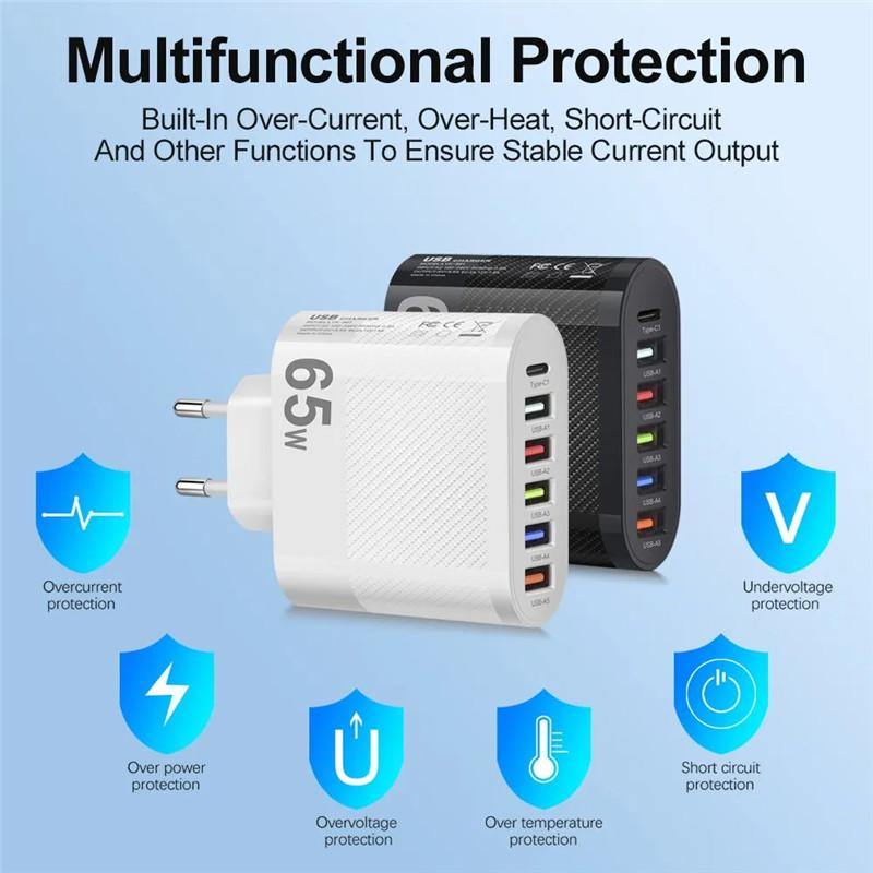 65W 6 Ports USB Charger Type C PD Fast Charging Adapter Mobile Phone Charger For Xiaomi iPhone Samsung Huawei QC 3.0 Charge Wall Charger