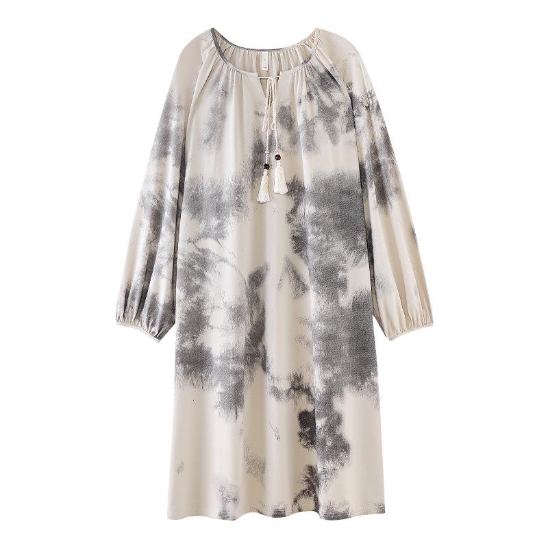 Women's Antibacterial Rayon Cotton Nightgown - Autumn Wabi-sabi Style, Pure Cotton, Long Sleeve, Mid-length Homewear Pajamas