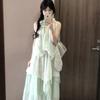 French Sweet Style Sleeveless Neck Dress Temperament Slimming Lace Splicing Flower Long Women