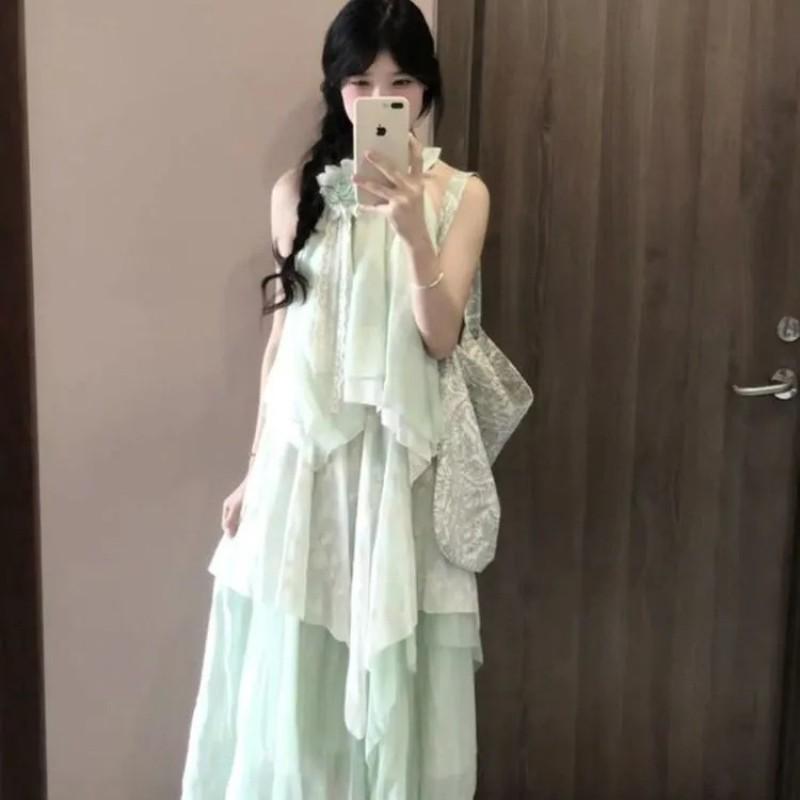 French Sweet Style Sleeveless Neck Dress Temperament Slimming Lace Splicing Flower Long Women