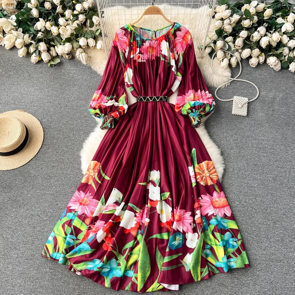 Outono Plissado Lindo Estampa Floral Vestido Longo de Férias Feminino Gola Redonda Manga Lanterna Cinto Elástico Alto Roupas Longas