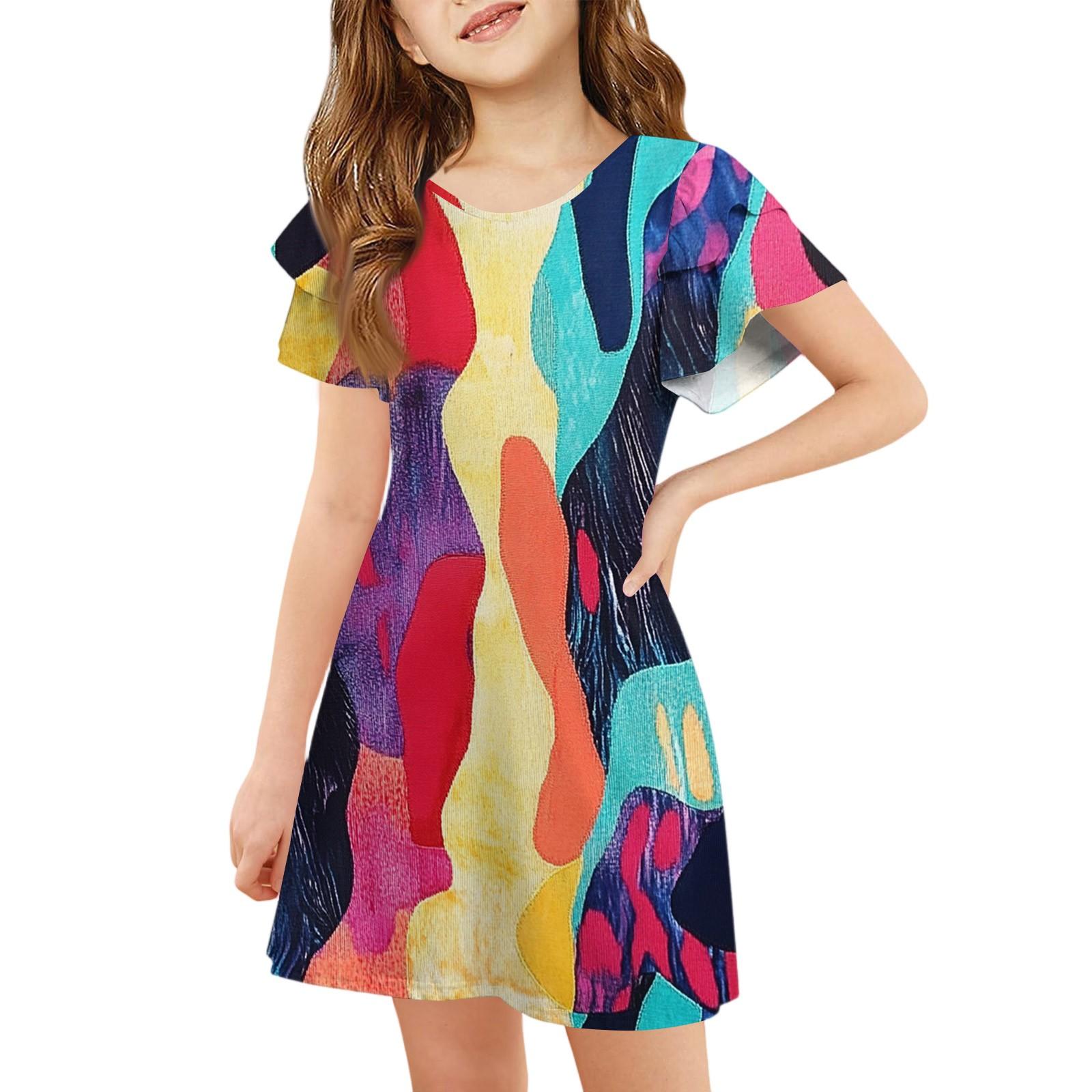 

Girls Ruffle Sleeve Dress - Round Neck Printed Sundress 150 червоний