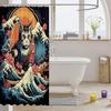 Cartoon Katze Duschvorhang, Japanische Ukiyo Malerei Wellen Sonnenaufgang Badezimmer Vorhang Kinder Jugendliche Frauen Raumdekor, Ozean Wasserdicht