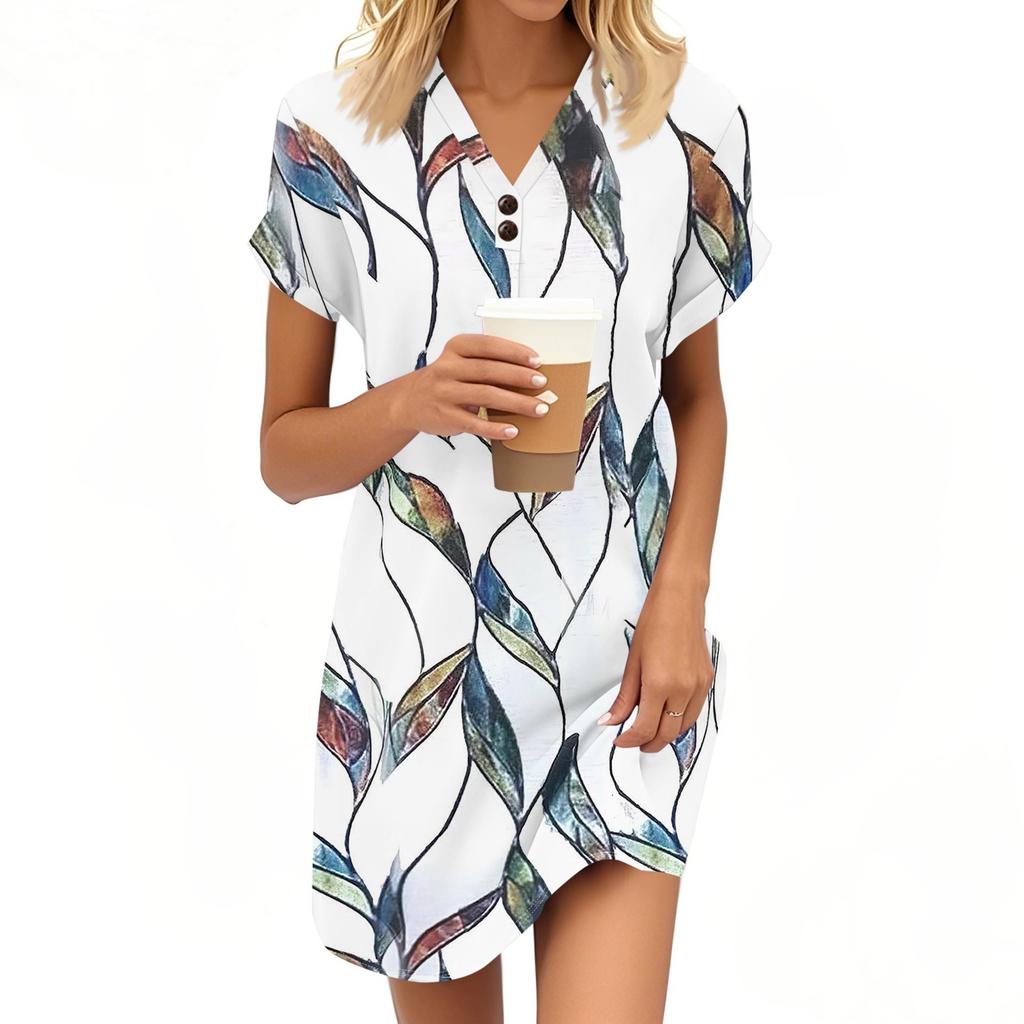 Women's V-neck Vintage Floral Print Pullover Casual Button Dress