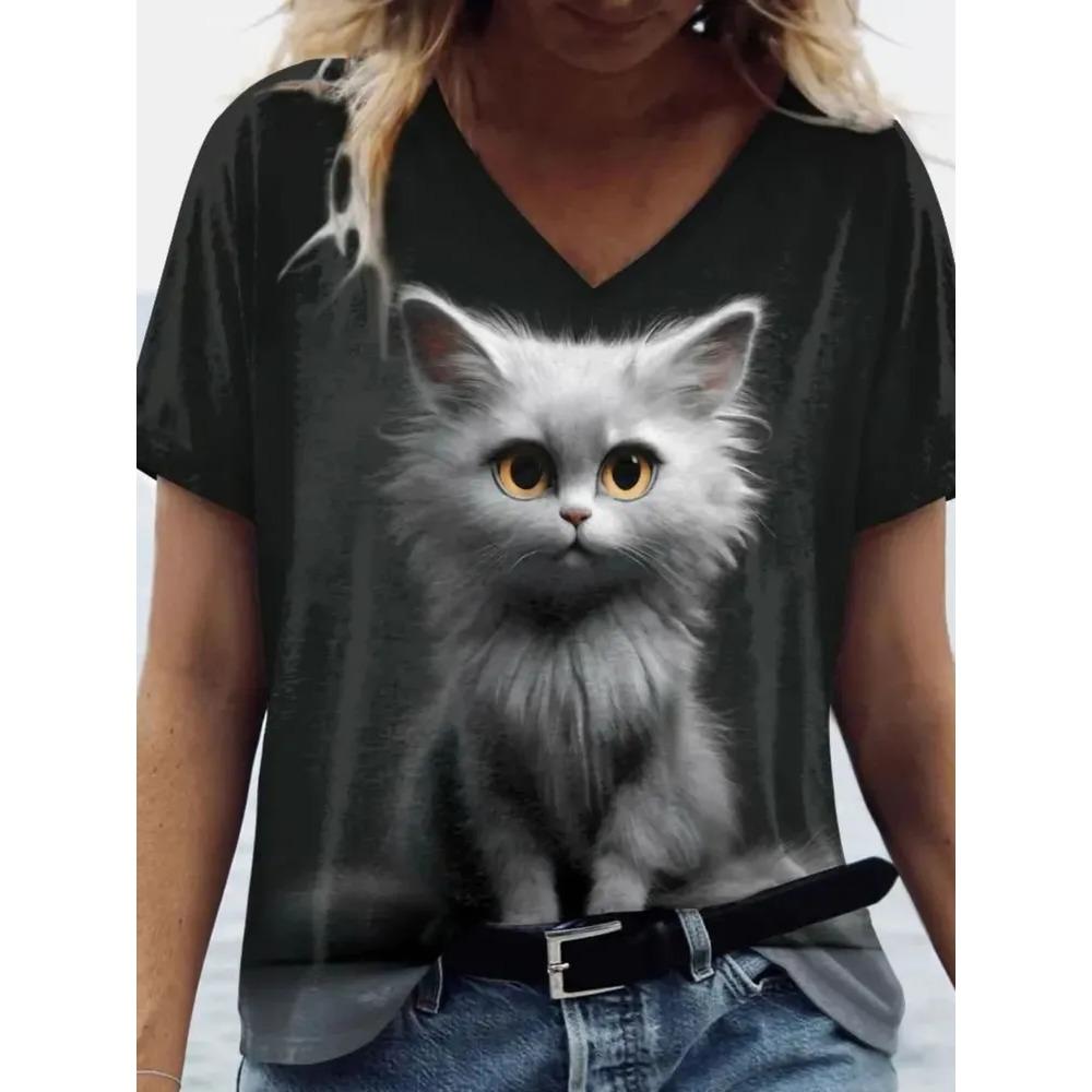 Summer V-neck Funny Cat Pattern 3D Printed Top Fashionable Casual Short Sleeved Women's T-shirts