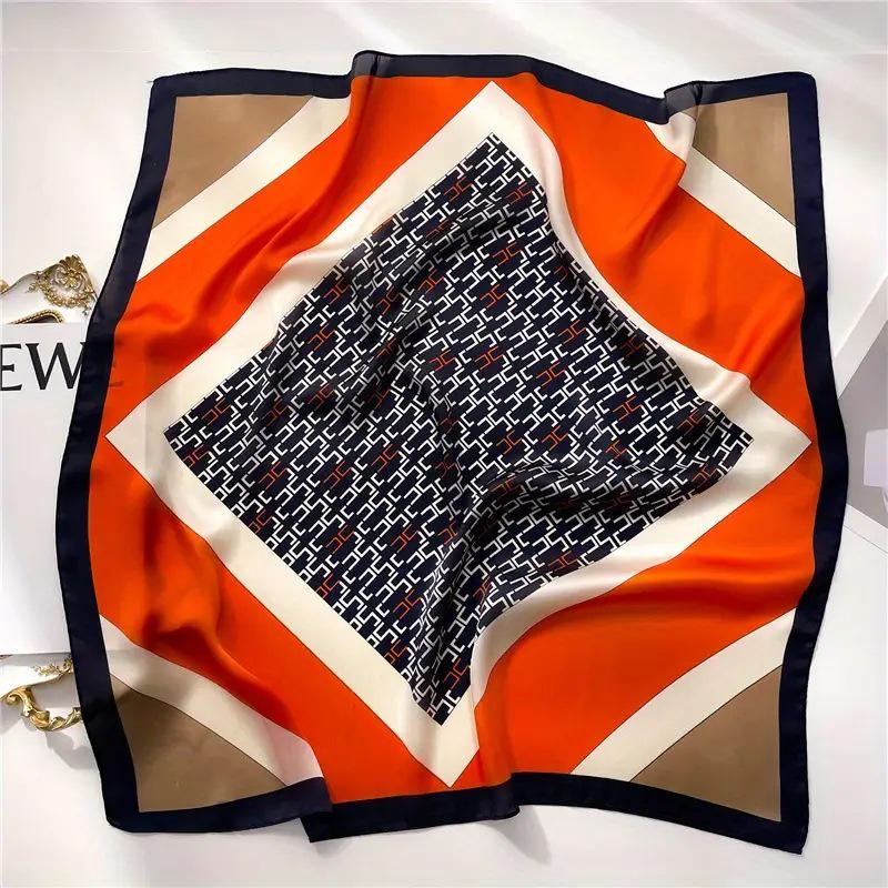 Women's Korean Style Retro Printed Imitation Silk Scarf for Professional and Casual Use