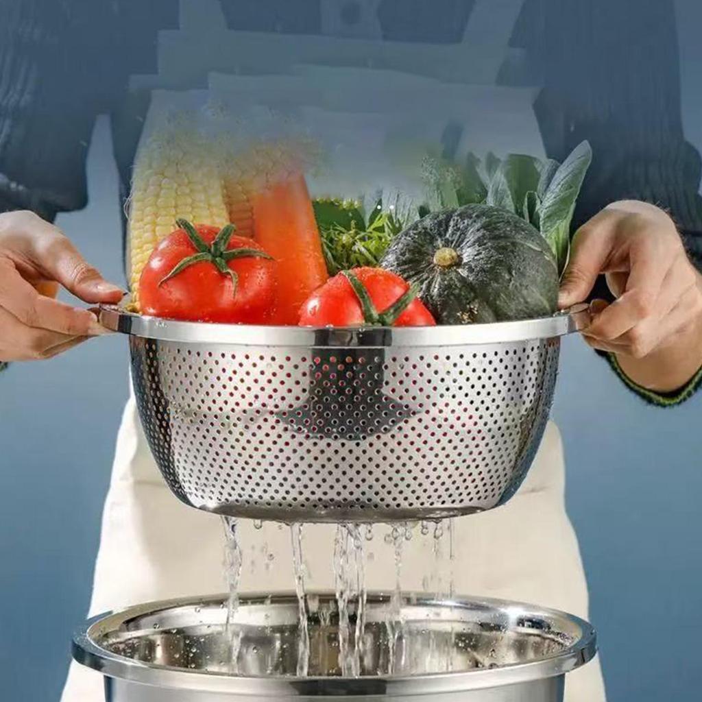 Stainless Steel Strainer Bowl Multipurpose Draining Basin With Grater Food Drainer Mixing Bowl Set For Meal Prep Salad Making
