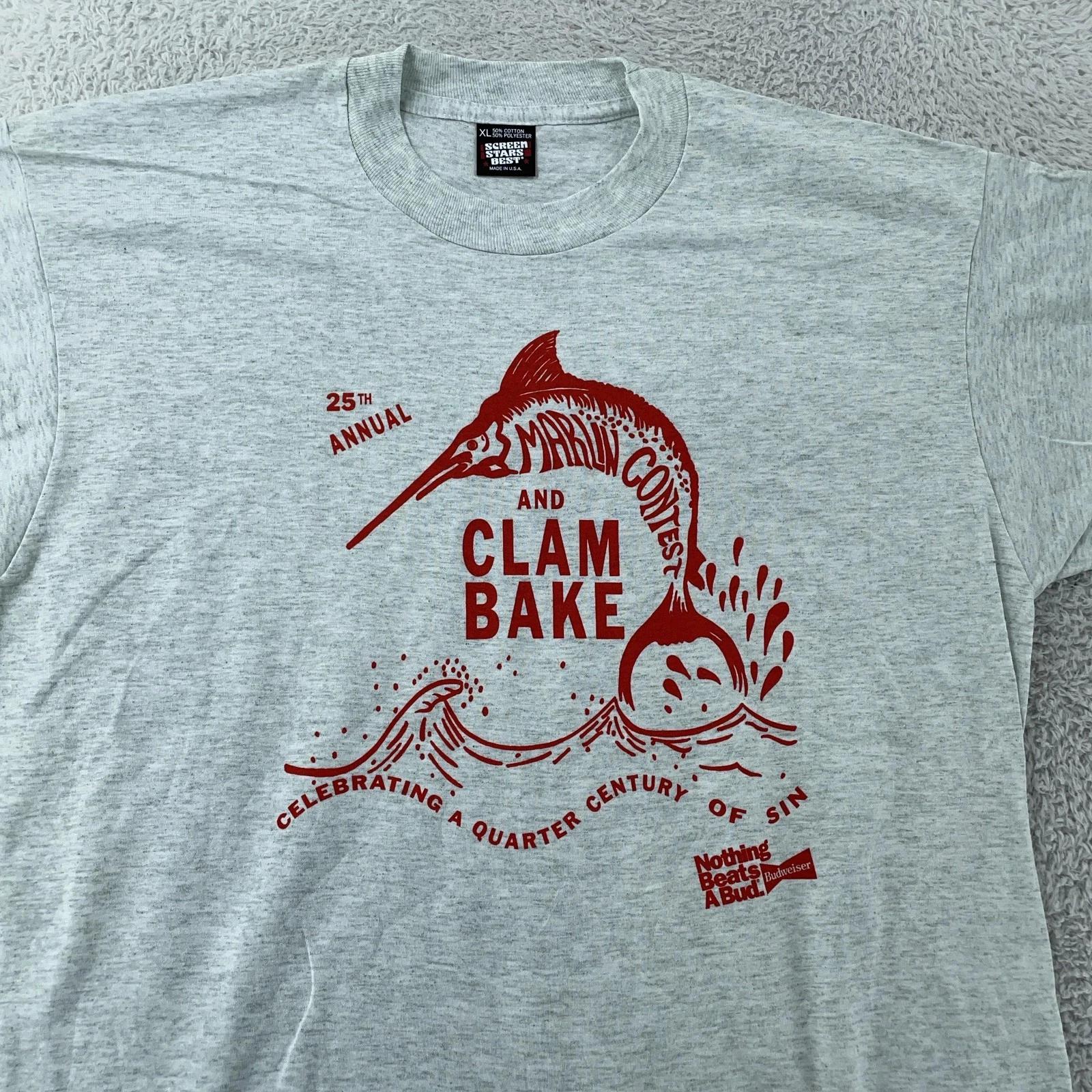 

Vintage Marlin Contest Clam Bake Shirt Mens L Budweiser Beer USA Fishing Tee 90s 2XL