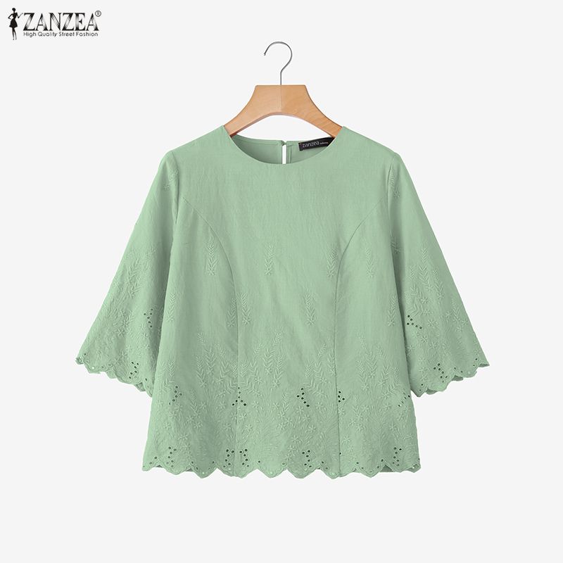 ZANZEA Women Casual Round Neck 3/4 Sleeve Embroidery Loose Blouse
