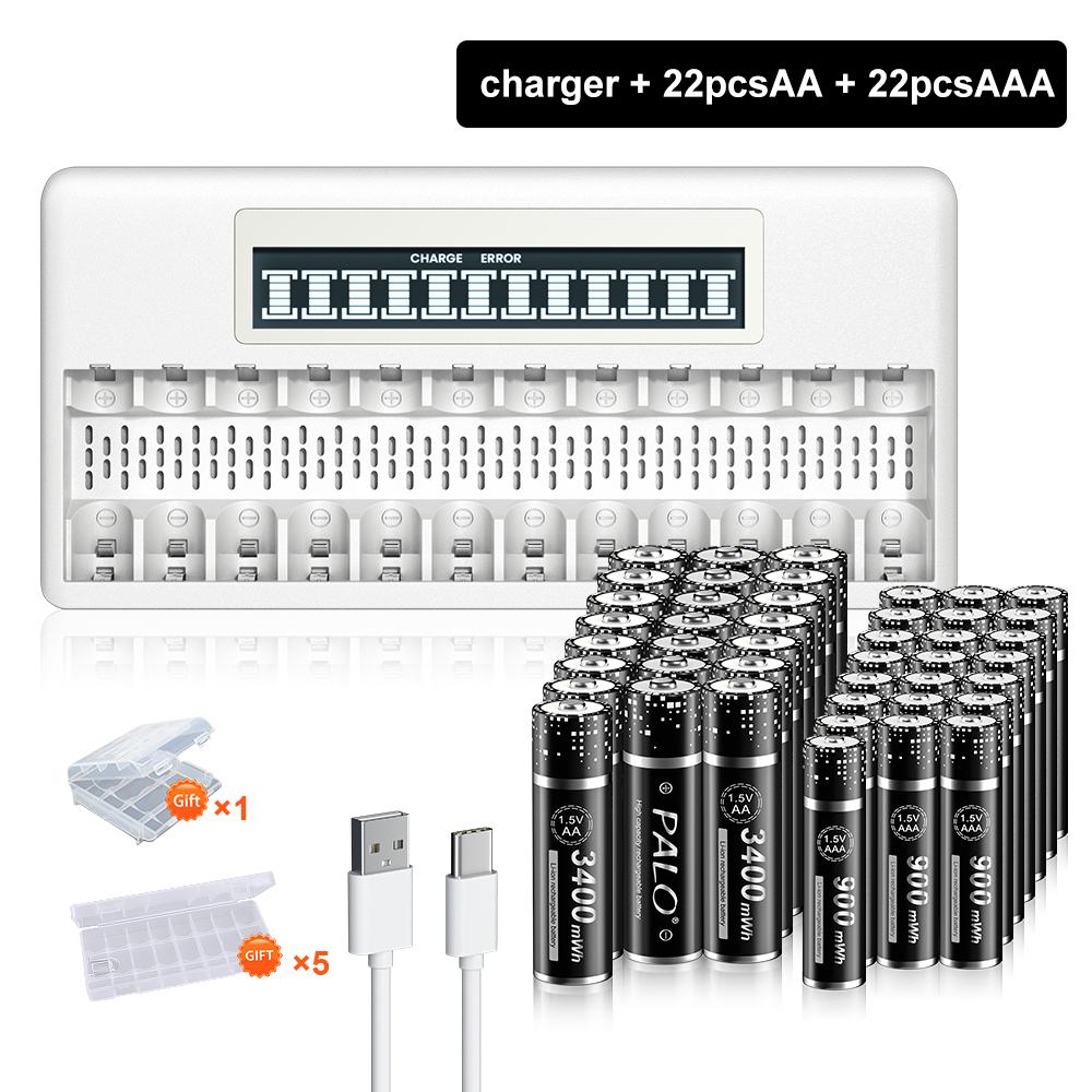 PALO Batería Recargable de Litio Li-ion 3400mWh 1.5V AA 900mWh 1.5V AAA Baterías de Litio AA AAA +Cargador de Baterías AA AAA de 12 Ranuras 1.5V