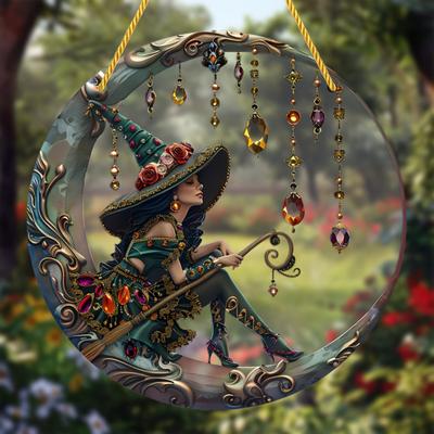Halloween Moon Witch Hanging Decoration Stained Glass 2D Flat Acrylic Faux Crystal Pendant Witch Suncatcher Wall Window Hanging Sign Ornament