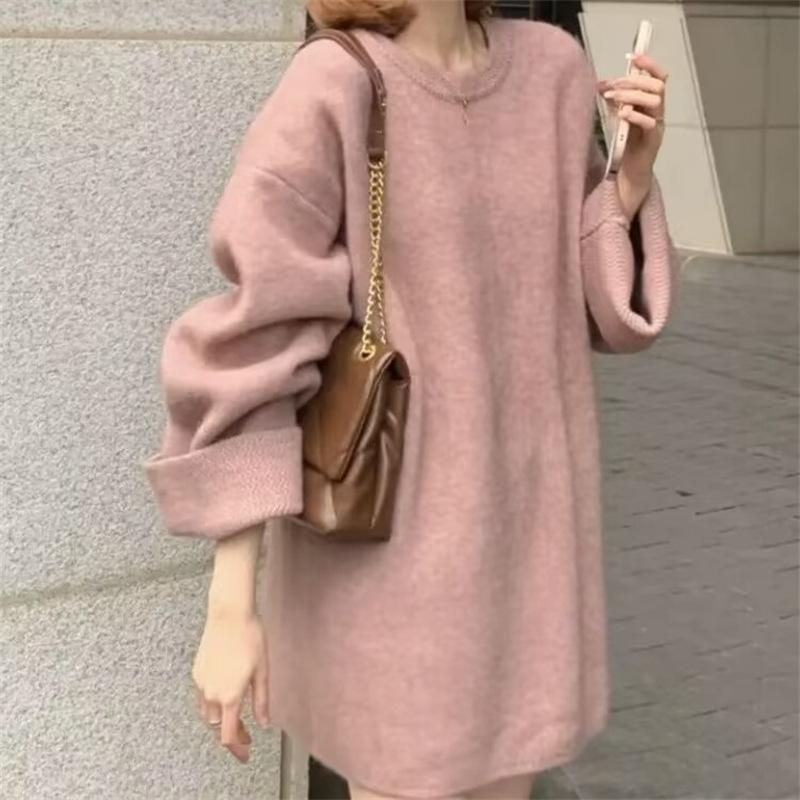 Podzimní a zimní svetr plus size dámský ležérní styl měkký voskový svrchní oděv jednobarevný volný středně dlouhý svetr