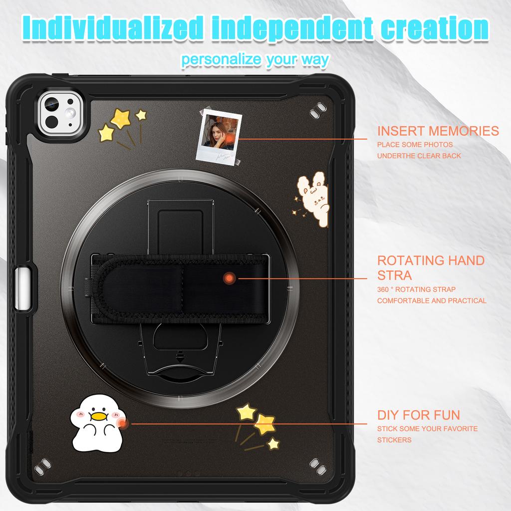 For iPad Pro 13 (2024) Case Kickstand PC+TPU+Silicone Tablet Cover with Rotary Hand Strap