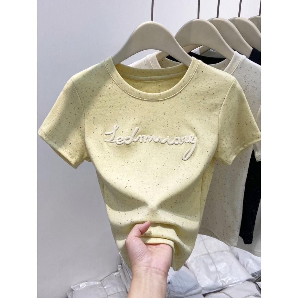 

Вышитые буквы Футболка с коротким рукавом для женщин на лето Новая корейская стильная приталенная и высококачественная базовая футболка из чистого хлопка XL жёлтый