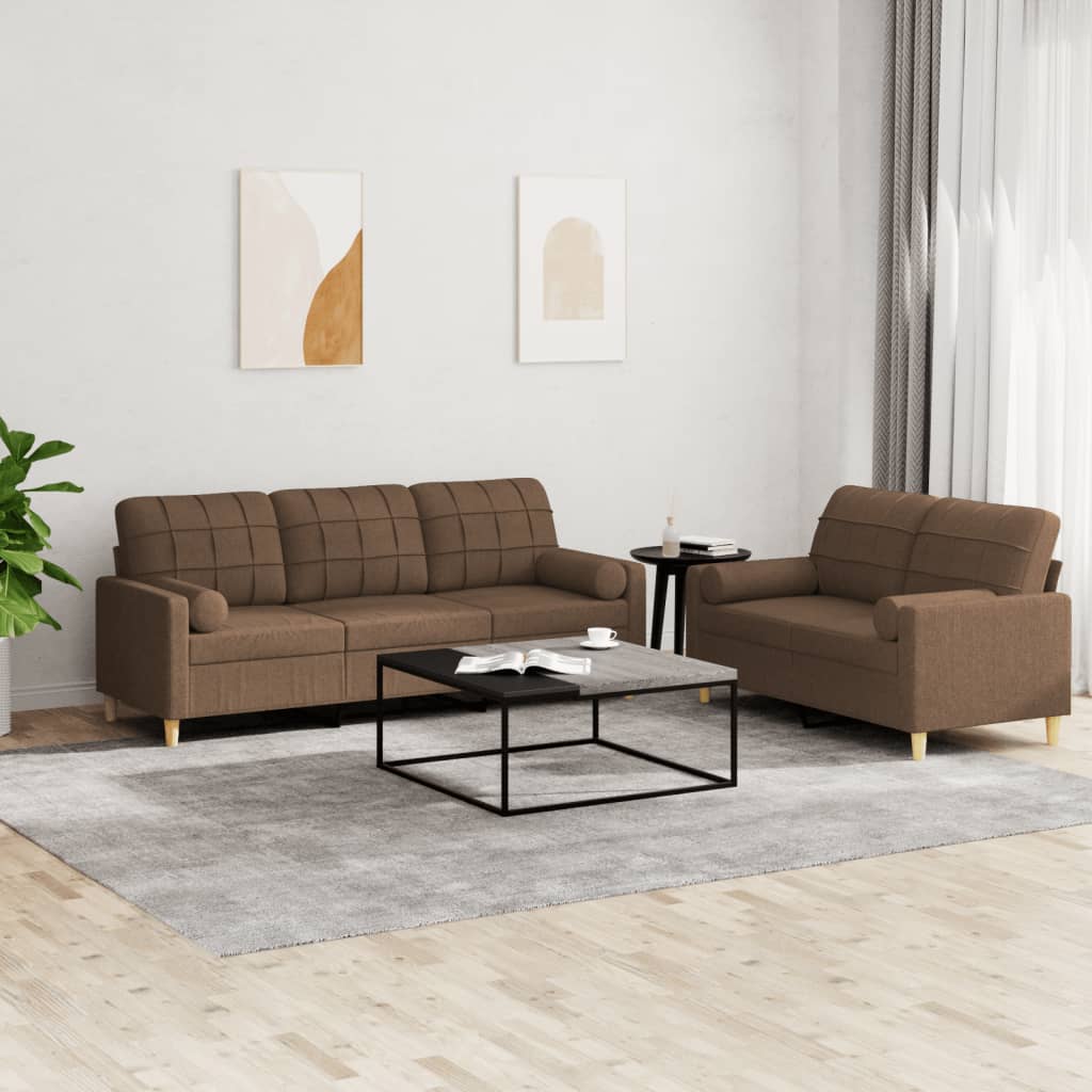 2 Piece Sofa Set with Cushions Brown Fabric