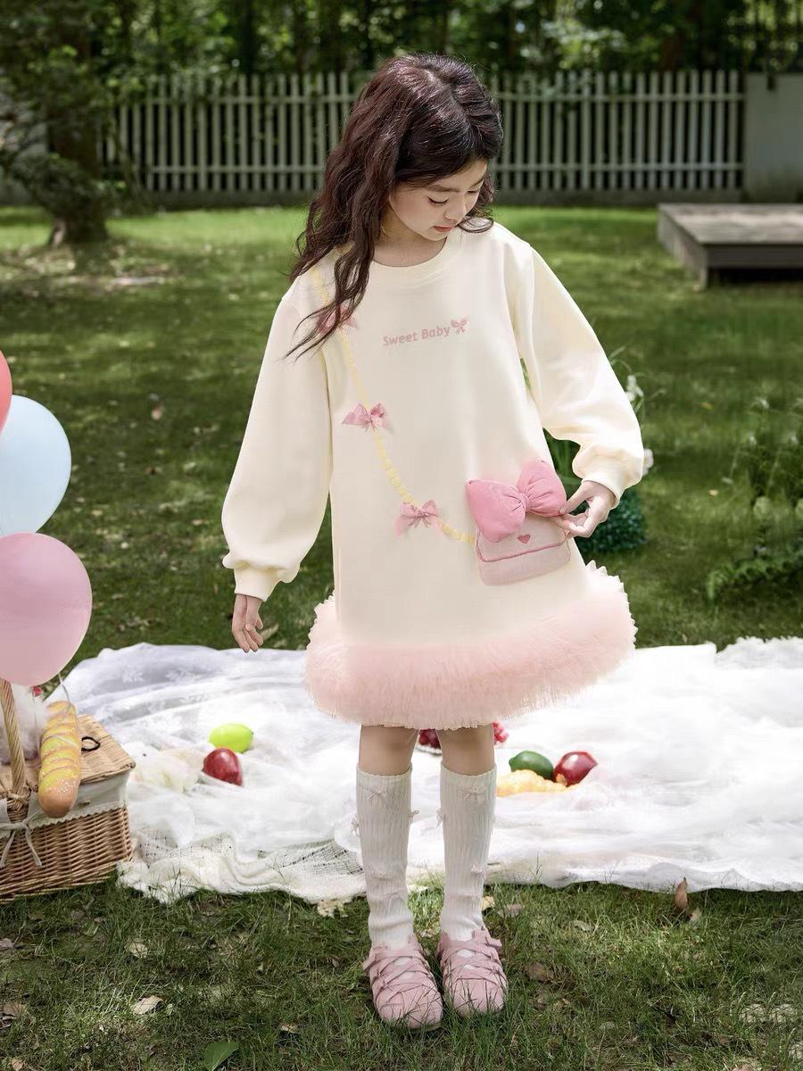 

Розовое платье-свитшот принцессы для девочек 2025 года для осени и весны 120cm кремовый/белый