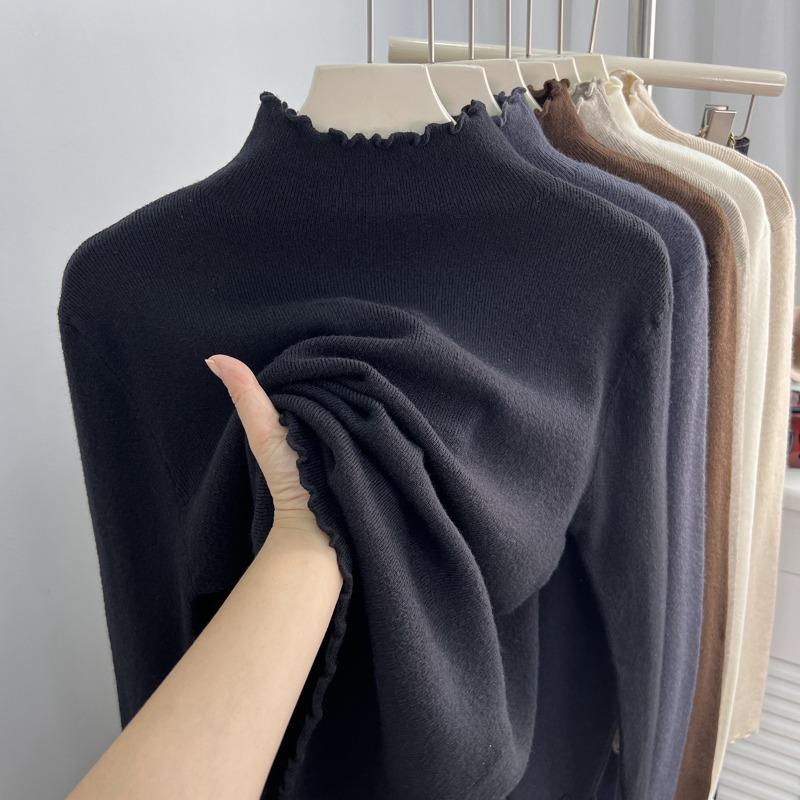 Semi-turtleneck Stacked with Fungus Edge Knitted Sweater, Soft Waxy Sweater, Female Slim Body with Long-sleeved Autumn and Winter Bottoming Top