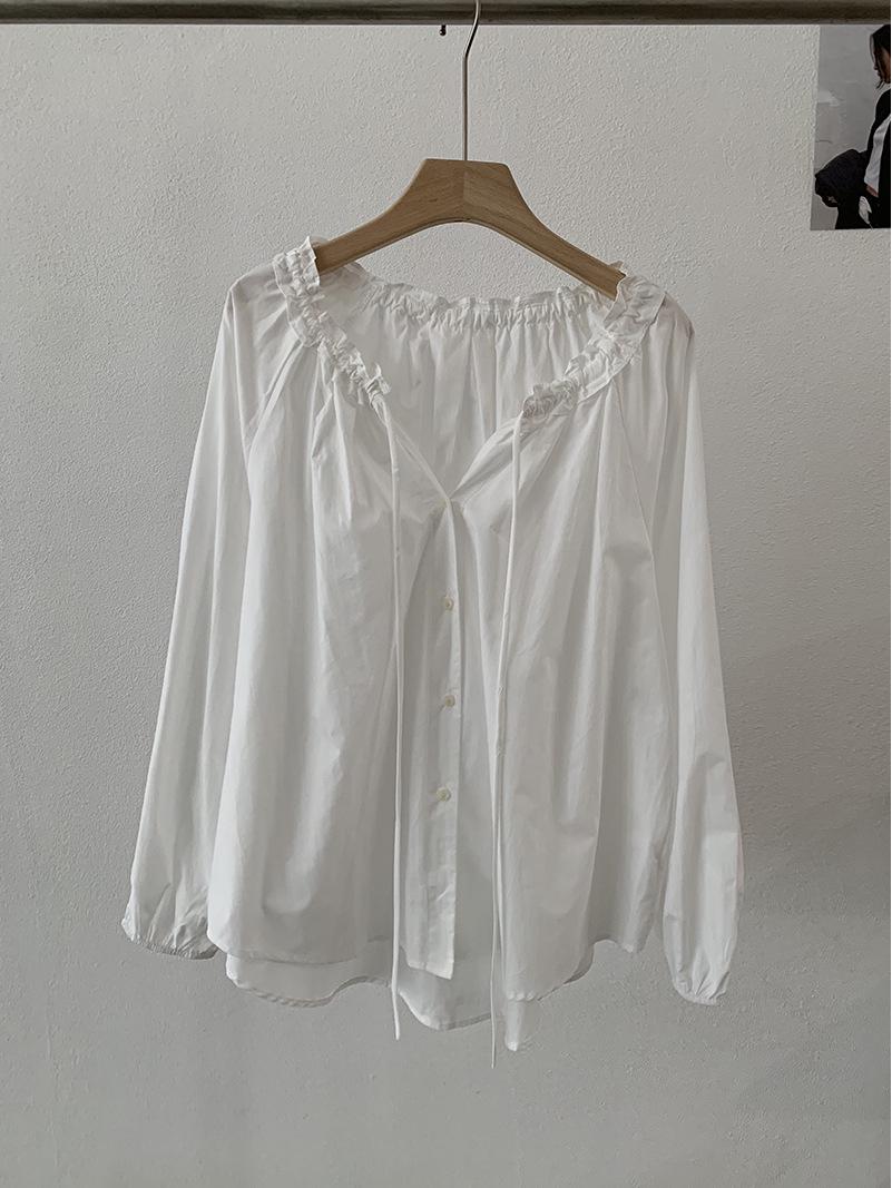 Oumalai High-End Wood Texture Bow Tie V-Neck Lace-Up Long Sleeve Loose Shirt - Spring Arrival One Size белый