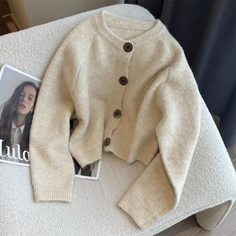 Crew Neck Short Knitted Cardigan Women's Autumn New Women's Clothing Top Design Button Sweater Jacket