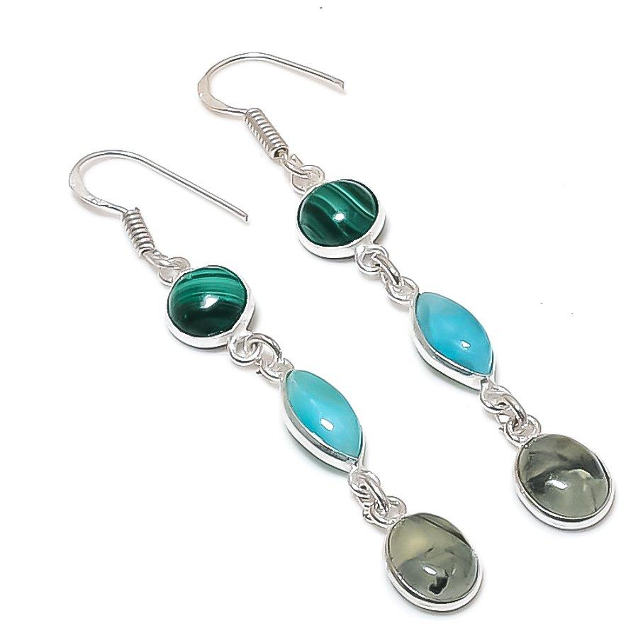 

Blue Chalcedony, Prehnite Gemstone 925 Sterling Silver Earring 2.60