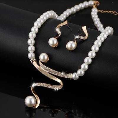 Rhinestone Faux Pearl Beaded Necklace Stud Earrings Bridal Wedding Jewelry Set