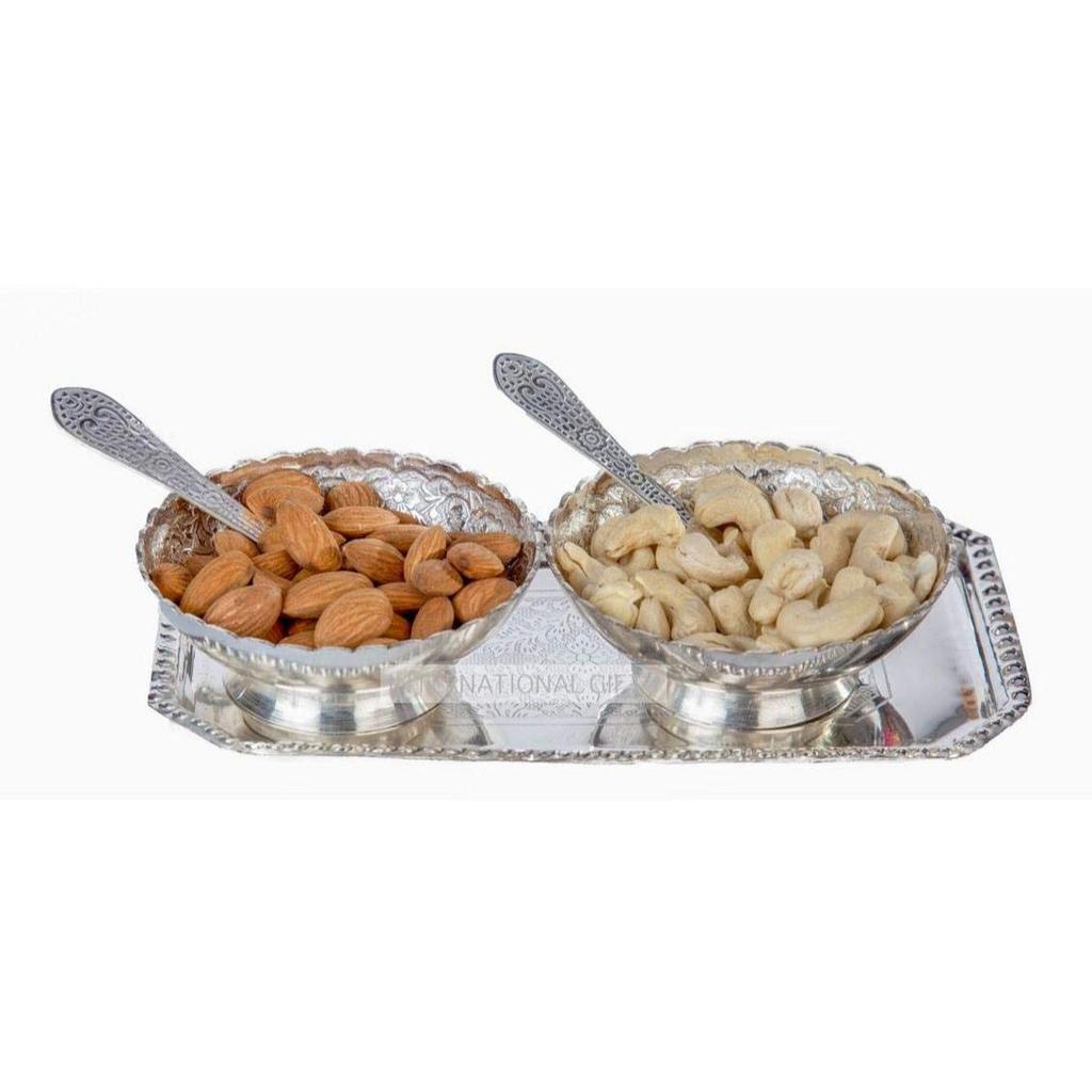 German Silver Brass Round Bowl Sets with Tray and Spoon with Royal Royal Luxury Velvet Box