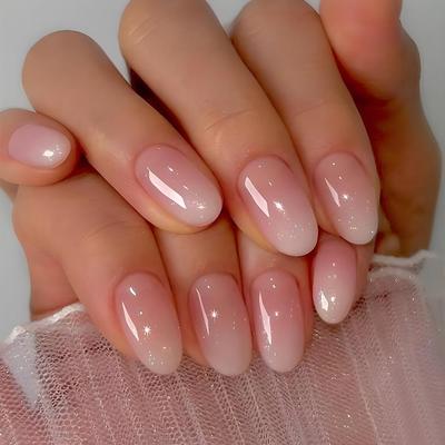 24 Stück mittelgroße ovale Aufdrücknägel, rosa Farbverlauf, künstliche Nägel, glänzende Maniküre, falsche Nägel, vollständige Nagelspitzen