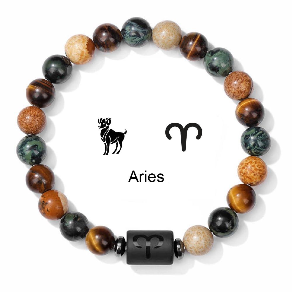 Natural Stone Tiger Eye Picture Jasper Round Beads 12 Constellation Bracelet for Men and Women Zodiac Signs Bracelet Aries
