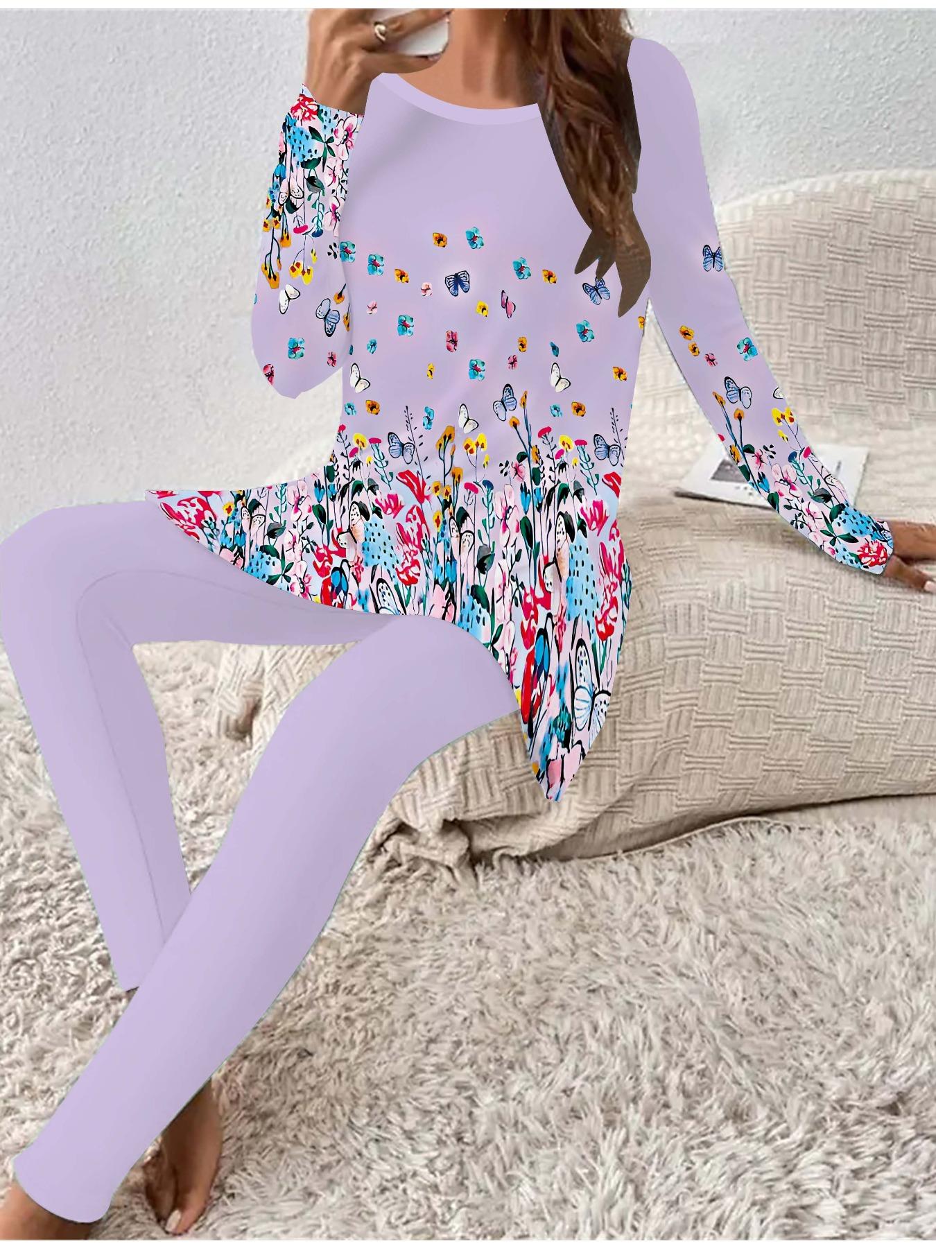 

Евро-американская мода Женский всесезонный комплект из двух предметов: футболка с длинным рукавом с 3D-принтом цветов + длинные брюки. Идеальный подарок на Новый год и Рождество 8XL фиолетовый