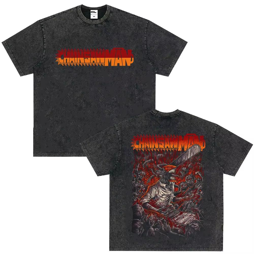 Unisex Vintage Washed Streetwear Short Sleeve T-Shirt, Men's Pure Cotton Tee with Manga Print of Future Devil from Anime Chainsaw Man