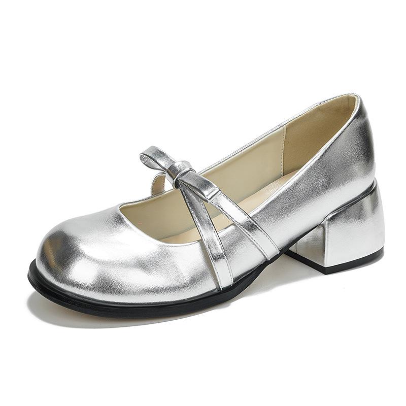 Lackleder Mary Jane Schuhe Dicke Absätze Schleife Niedrig Absatz Lederschuhe Vielseitig Französisches Temperament Runde Spitze Damenschuhe