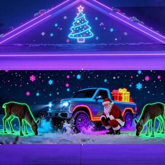 UV-aktivert julegarasjeportdeksel Fluorescerende 2D Flatt juleportbanner Opplyst høytidskartoonbakgrunn for jul Innendørs utendørs veggdekor