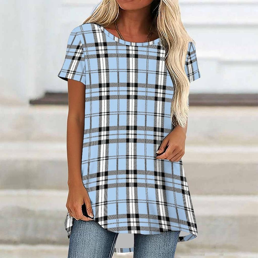 Túnicas Casuales Informales para Mujer con Estampado, Cuello Redondo, Dobladillo Irregular y Manga Corta