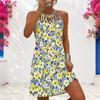 Women Plus Size Yellow Blue Floral Printed Criss Cross Cutout Neck Sleeveless Fitted Curved Hem Dress