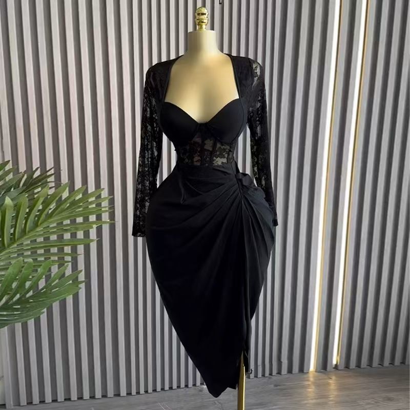 

European and American New Sexy Perspective Lace Stitching Slim dress Sexy Patchwork Lace Dress Black S