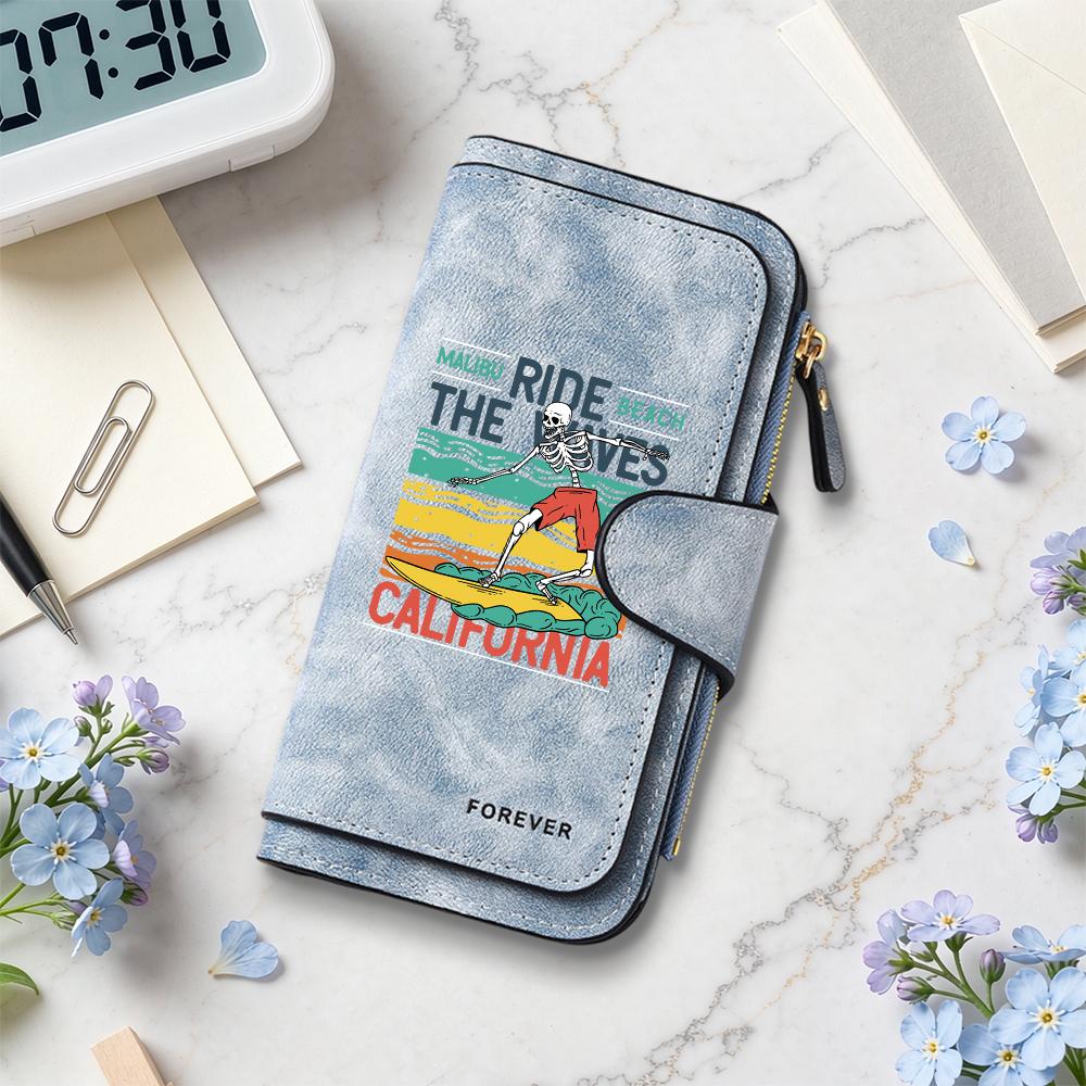 Vintage Skeleton Surf Printed Long Wallet Fashion Large Capacity Portable PU Card Holder Casual Daily Purses for Women Men