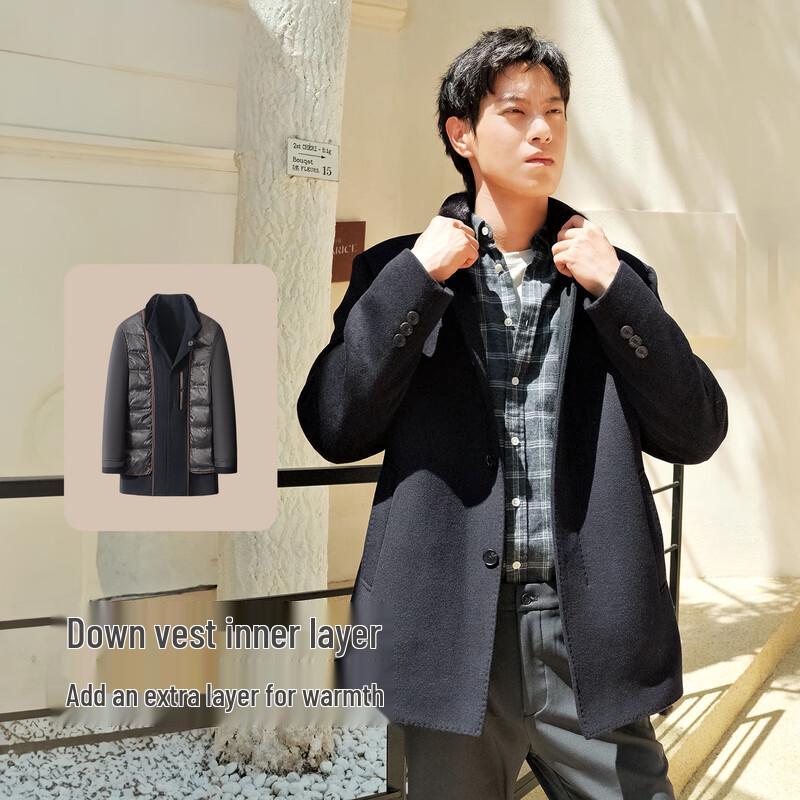 Hodo Men's Detachable Down-Lined Wool Coat with Mink Fur Collar