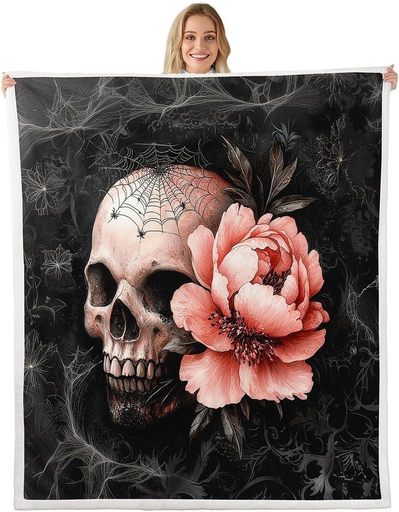GUOYU Decke Happy Halloween Fleece-Decke Baby Kürbis Geist Feiertags Sherpa-Decke Gotische Fledermäuse Florale Pflanzen Flauschige Plüschdecke für Kinder