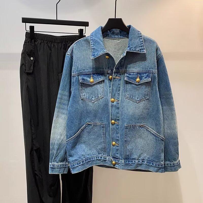 Men s Retro Japanese Distressed Denim Jacket - Unisex Streetwear Loose Casual Style XL джинсовый синий