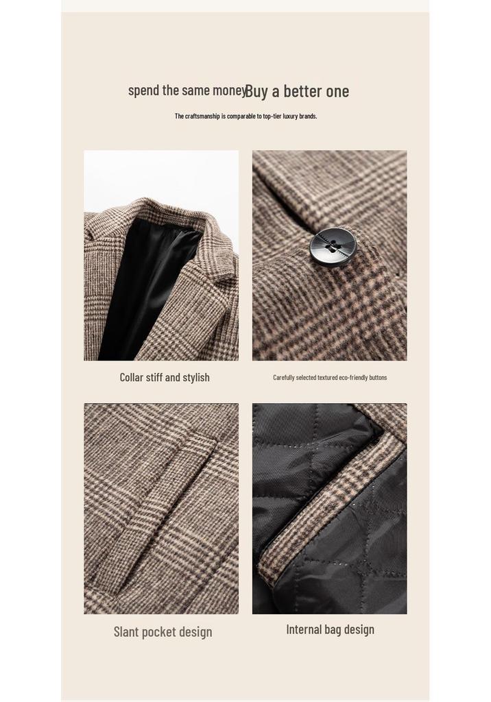 Yi Zhi Fan Men's Plaid Wool Coat - Mid-Length, Thickened Suit Collar Windbreaker