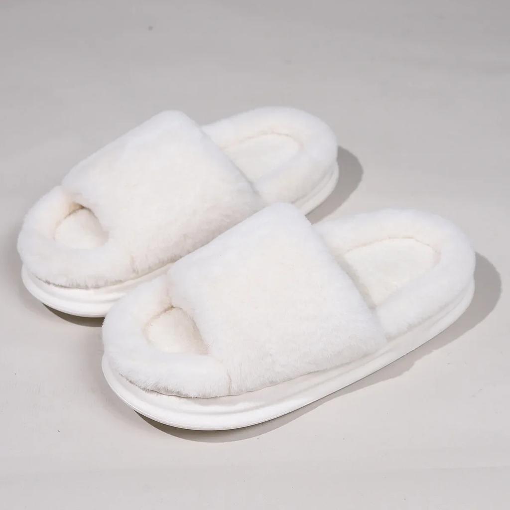 Fashion New Fashion White Fluffy Slippers Women 2025 Winter Warm Thick Sole Home Cotton Shoes Woman Open Toe Faux Fur Platform Slippers