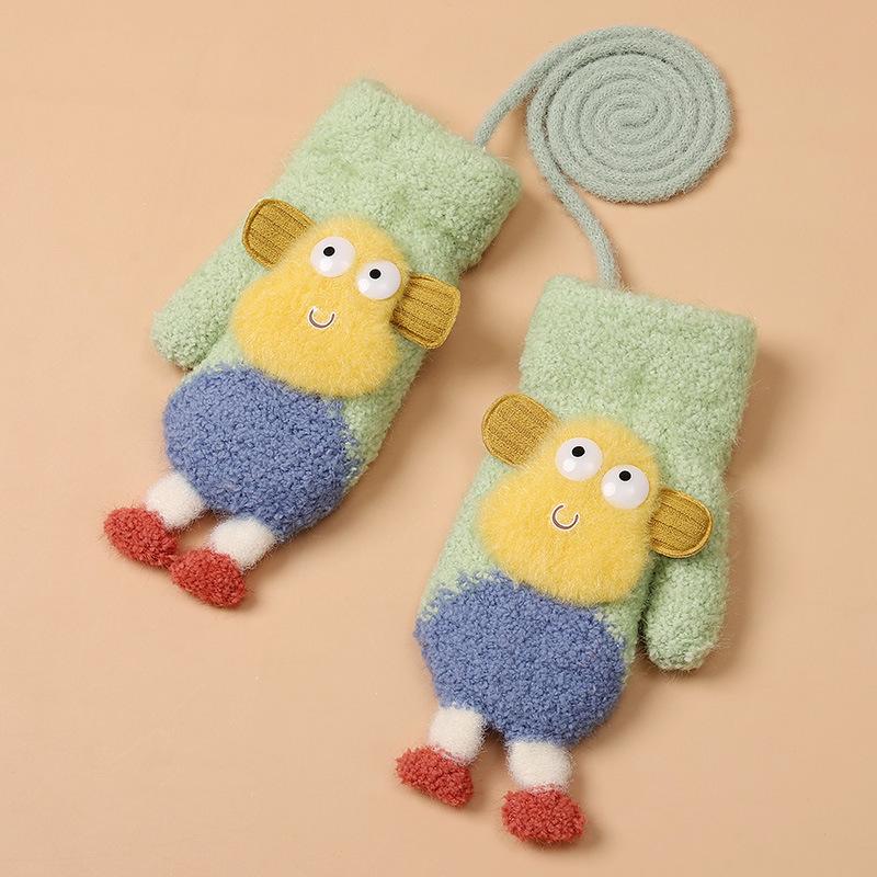 

Зимние детские перчатки с плюшевой подкладкой, перчатки для детского сада, теплые и непродуваемые, милые перчатки на веревочке, вязаные хлопковые перчатки