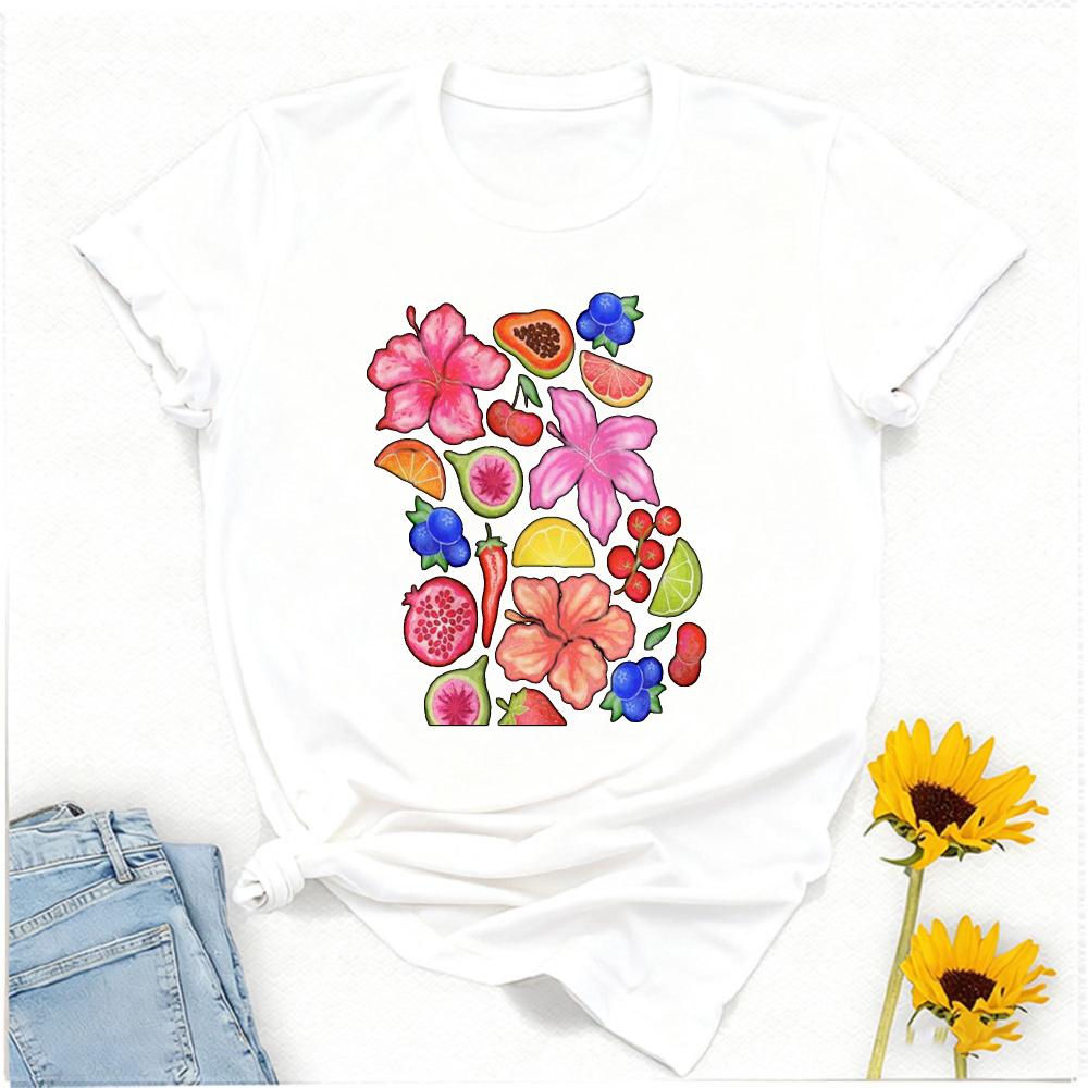 Exotic Tropical Fruit Floral Pattern Hibiscus Papaya Watermelon Lime Cherry Blueberry Chili Pepper White Crew Neck Short Sleeve
