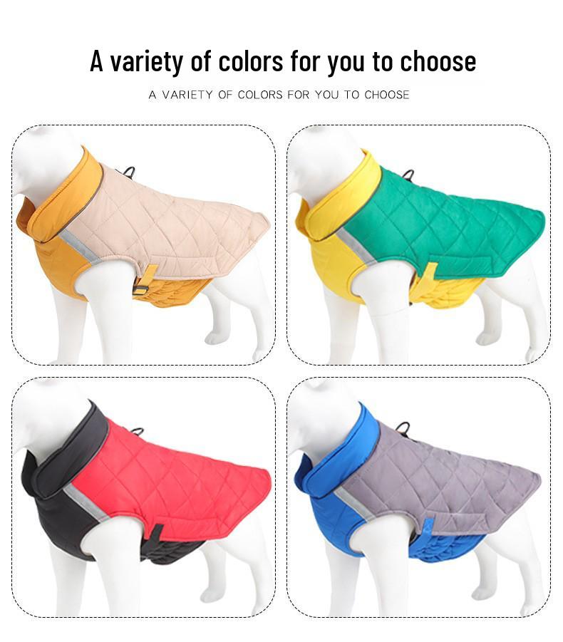 Teplý zimní psí kabát s trakční přezkou pro střední až velké psy: Zlatý retrívr, Border kolie, Korgi