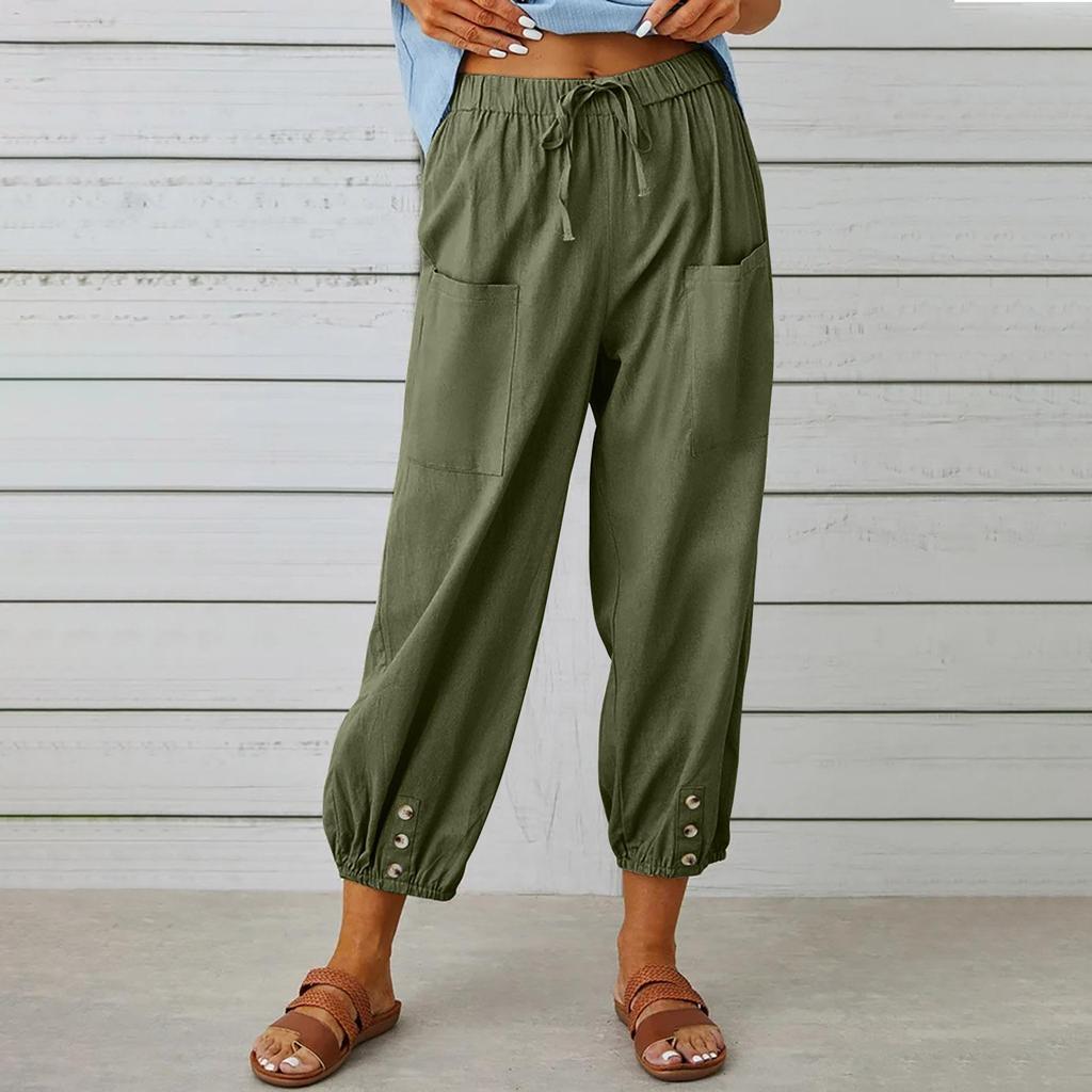 Summer Women Trousers Loose Cotton Linen High Waist Button Pants Nine Point Wide Leg Pants