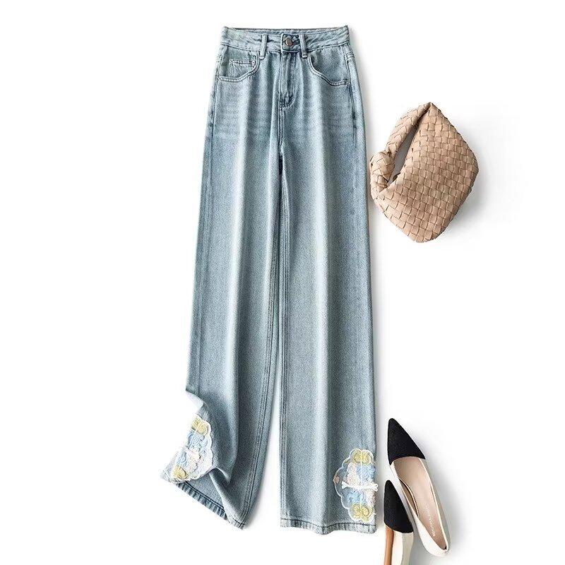 

2024 Summer Women s High Waist Embroidered Wide-Leg Jeans S синій