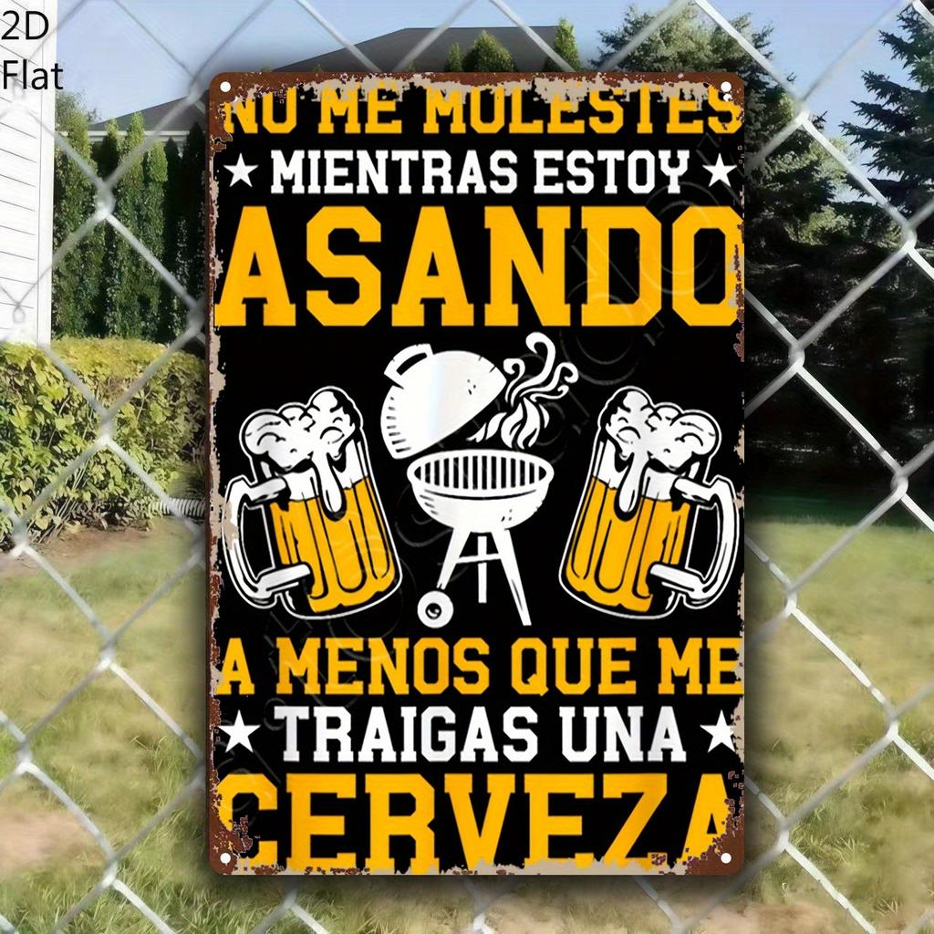 1pc Funny Spanish BBQ Party Metal Poster - Heavy-Duty Iron Construction - Vintage Grill Decor with Beer Mug & BBQ Grill Design